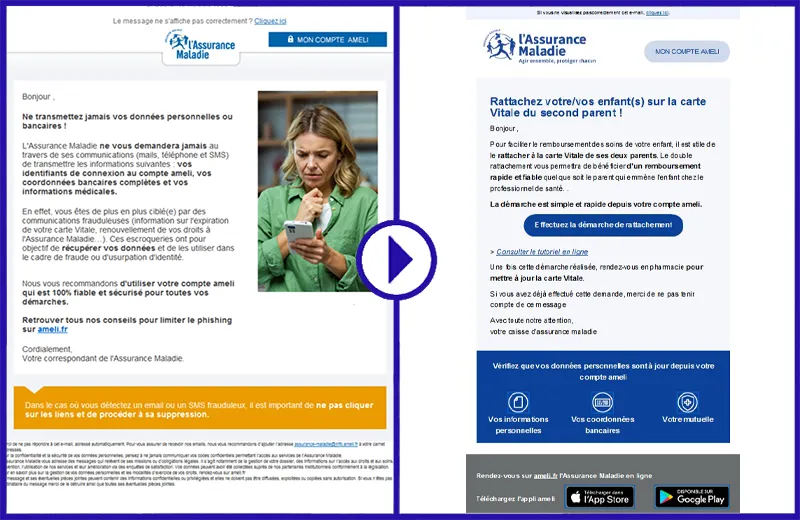 À gauche, l'ancienne version des mails de l'Assurance maladie, à droite la nouvelle. © Assurance Maladie
